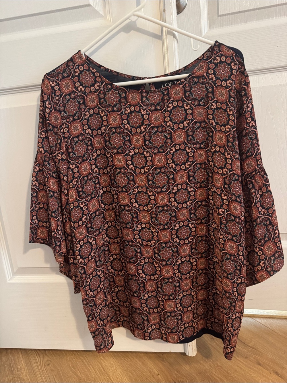 LOFT Navy and Rust Geometric Medallion Blouse